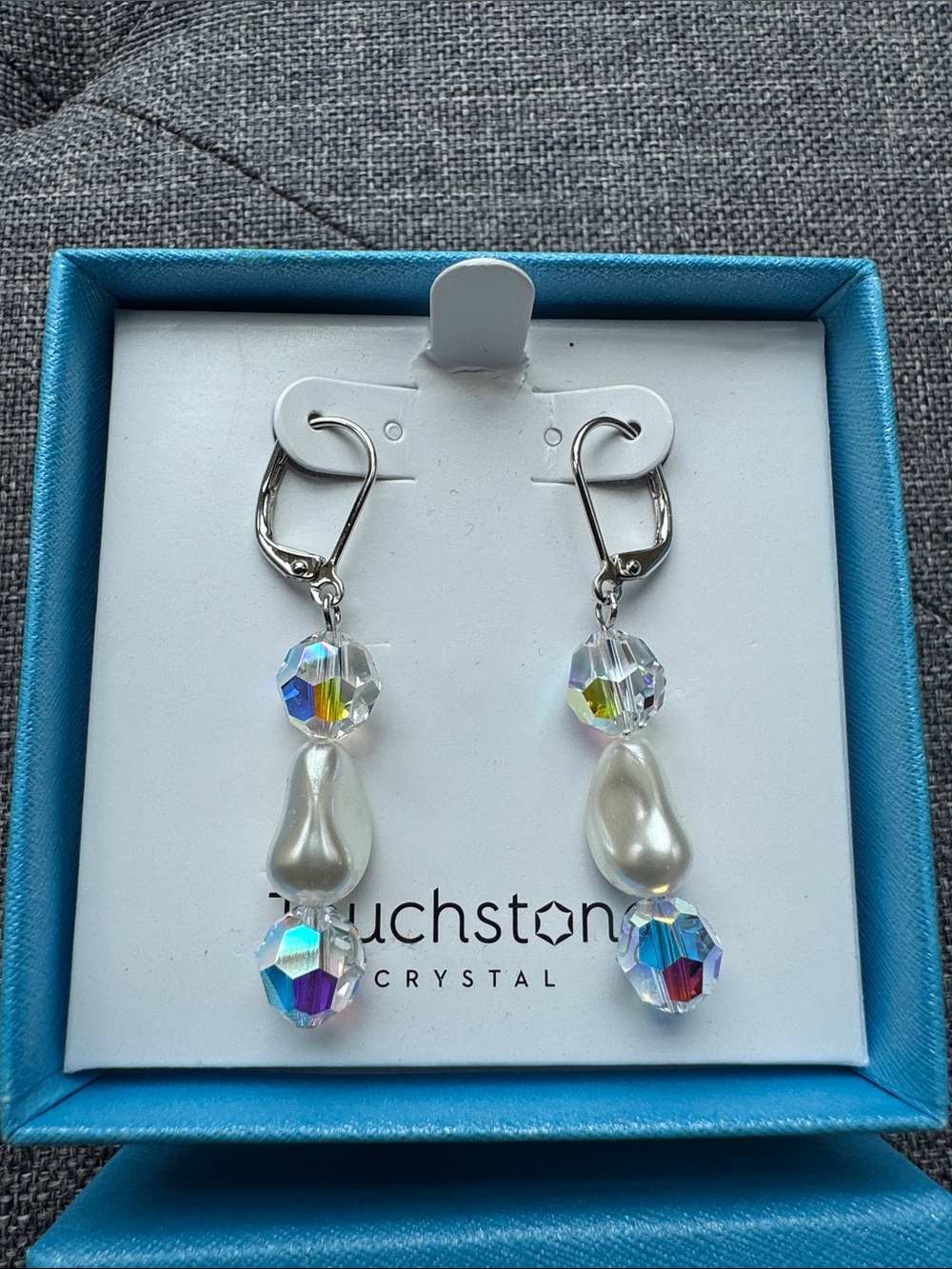 Touchstone Crystal by Swarovski Pearl & Aurora Crystal Drop Earrings NIB